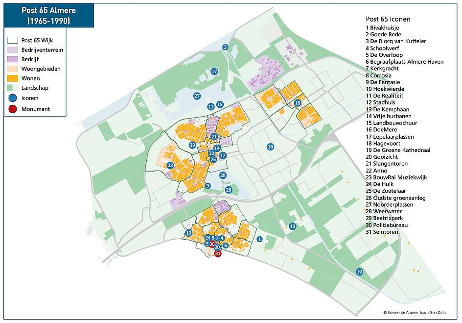 Kaart van Almere met de Post 65 iconen. De iconen worden met het adres of de locatie ook op deze pagina genoemd